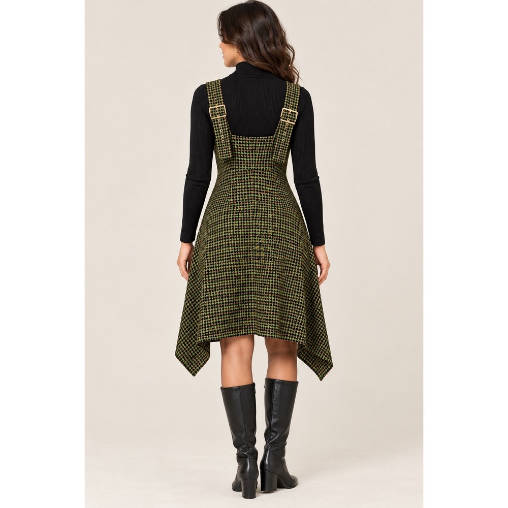 MONA NWT Wool Blend Houndstooth Pinafore Dress EU 42 Asymmetrical Buckle - Picture 3 of 11